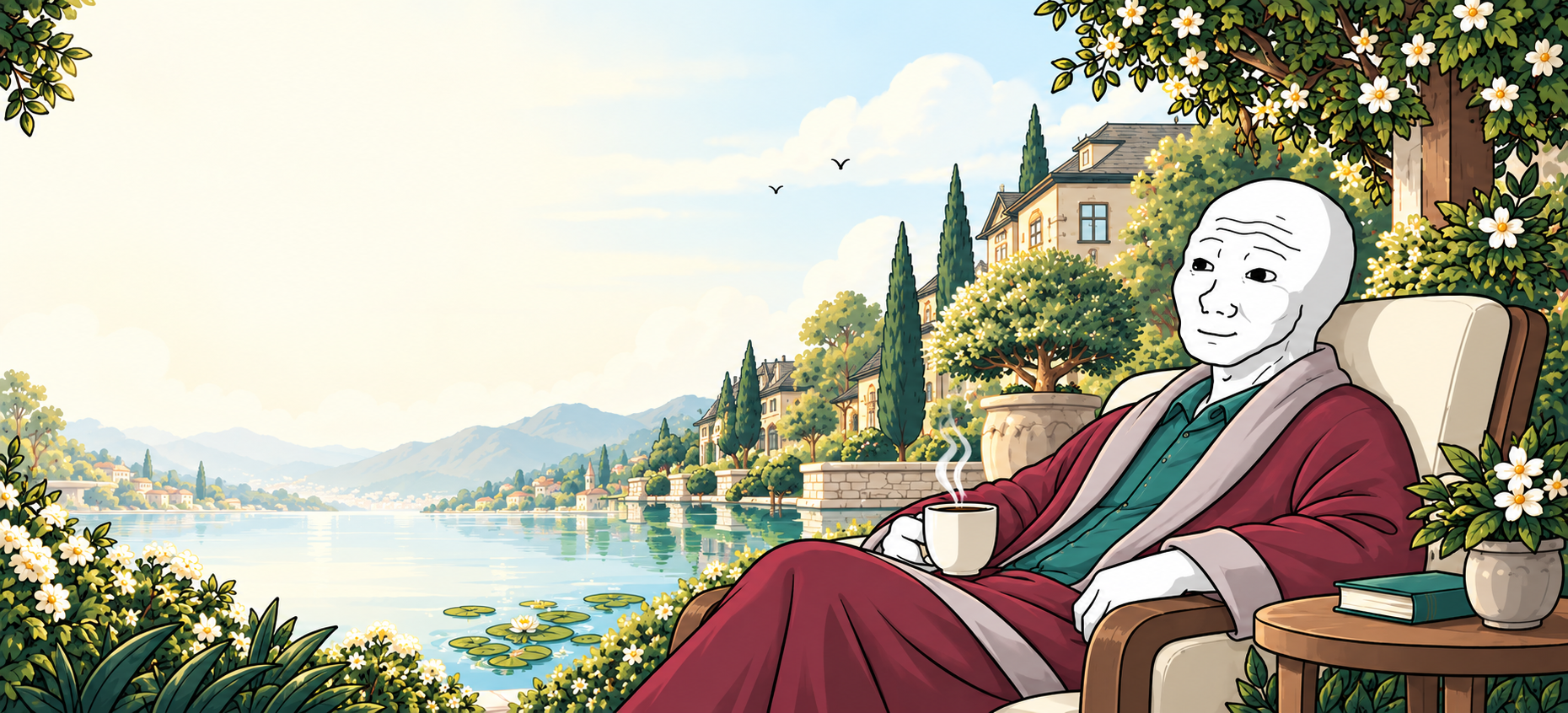 RETIREMENT character relaxing beside a lakeside villa