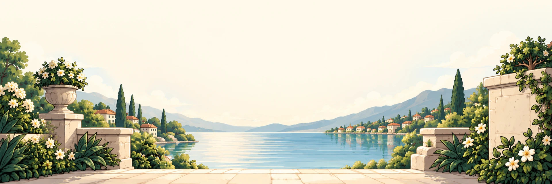 Peaceful lakeside terrace surrounded by flowering gardens