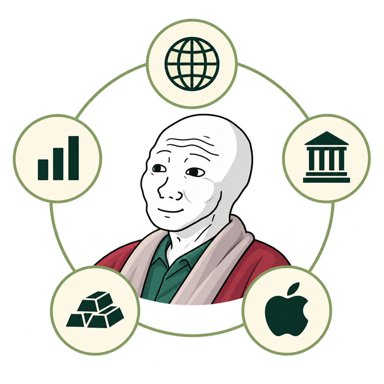 RETIREMENT portfolio illustration with five assets orbiting the character